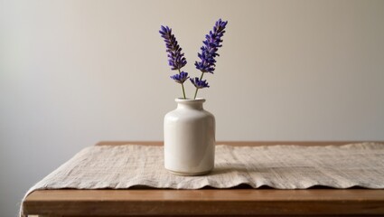 Simple beige vase with purple lavender stems on table