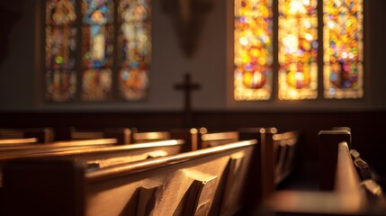 A serene church interior with warm ambiance, neatly arranged pews,