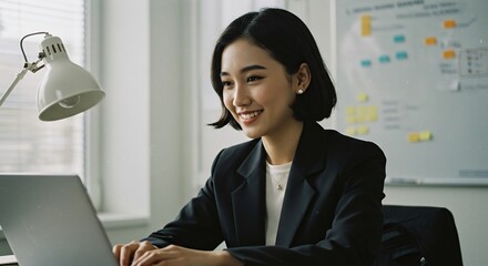 Portrait of a confident and smiling Asian female professional using a laptop for business tasks in a contemporary workplace