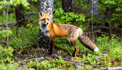 Fototapeta premium Vibrant red fox amidst the lush greenery of a boreal forest habitat on a summer day