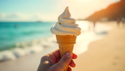 Close-up of a hand holding a melting ice cream cone at the beach