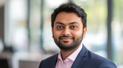 professional portrait of smiling indian man wearing suit in office with blurred background. business and career concept. corporate headshot, banner with copy space