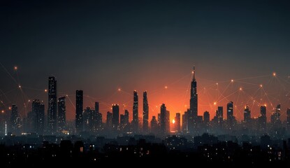 A captivating abstract cityscape silhouette featuring luminous connection lines creating a mesmerizing visual effect that embodies modern urban life and technology