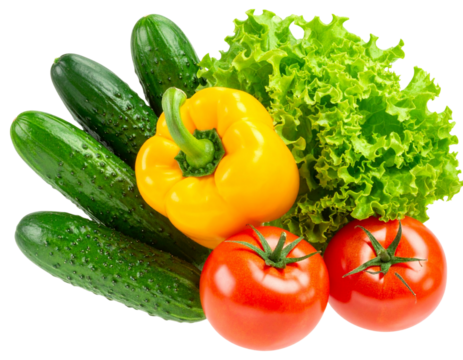 Colorful Vegetable Set with Cucumbers, Lettuce, Peppers, and Tomato – Diagonal Layout PNG
