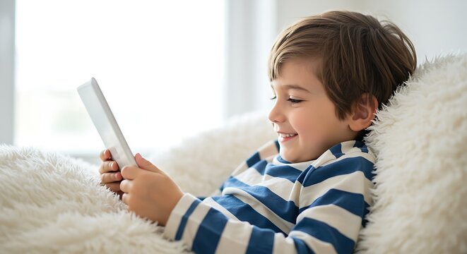 Young boy enjoys using tablet while relaxing on fluffy cushion indoors - Powered by Adobe