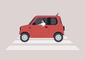 A striking red kei car pauses at a zebra crossing in a minimalist urban setting, The absence of pedestrians emphasizes the calm atmosphere of this moment during daylight hours