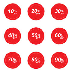 Discount sticker product tag set. Shopping discount label badge collection with 10 to 90 percent off. Vector sale symbol for retail promotion, marketing and special offer.