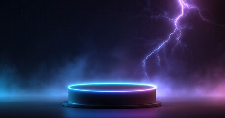 Abstract empty podium with a neon light ring and thunder on a dark background, vector illustration design for a product presentation scene mockup. Vector illustration, isolated on.