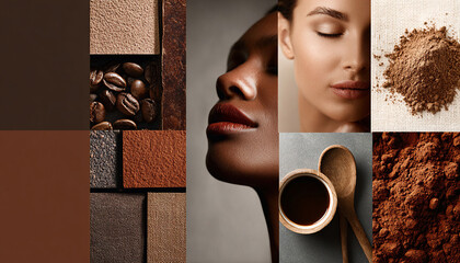 Moodboard with a brown color palette. Beauty portraits, coffee and cocoa textures. Design and inspiration with a focus on diversity and earthy tones.