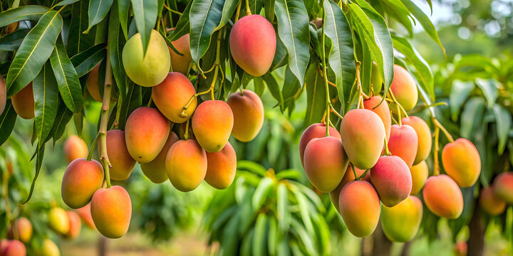 Lush mango tree laden with ripe fruits, showcasing the vibrant colors and tropical abundance of a healthy and organic summer harvest