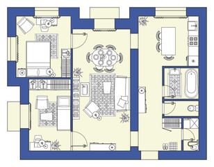 Interior design of an apartment, drawing with furniture placement. Living room, bedroom, kitchen and children's room. Layout of the rooms in the cottage. Floor plan templae in top view