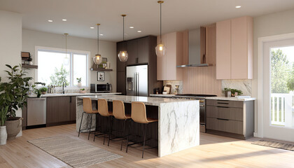 Contemporary kitchen with marble island and mixed countertops. The pink and gray color palette, along with gold accents, creates a unique ambiance.