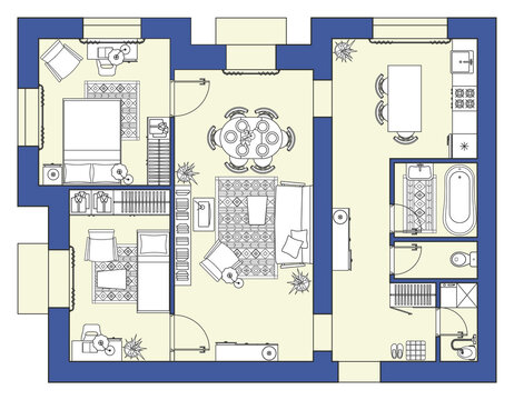 Interior design of an apartment, drawing with furniture placement. Living room, bedroom, kitchen and children's room. Layout of the rooms in the cottage. Floor plan templae in top view