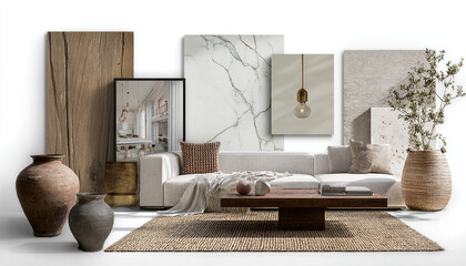 Natural color palette and textures for interior design: white sofa, wooden coffee table, terracotta vases, straw rug, marble and mirror.