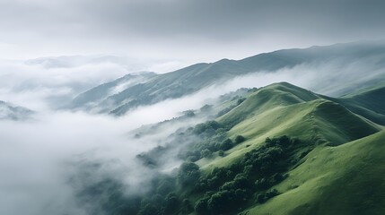 Abstract aerial shot of fog floating over quiet green hills