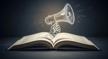 Drawn Hand Holding a Megaphone Emerging from an Open Book

