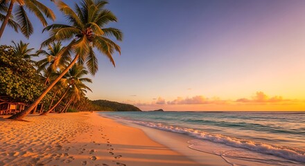 Serene Tropical Beach Sunset with Palm Trees and Gentle Waves