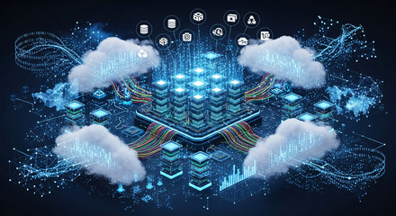 Futuristic centralized data processing hub with glowing servers digital clouds and network service icons.