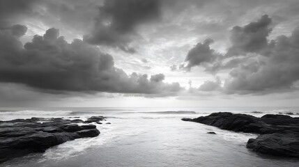 Empty rocky coast with dramatic skies and meditative wave rhythm
