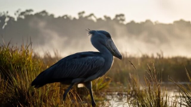 Majestic Shoebill Stork: A Rare Bird in Misty Wetland Habitat