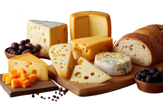 Assortment of cheeses bread olives and peppercorns isolated on transparent background - Powered by Adobe