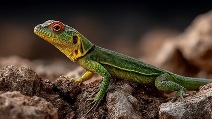 Fototapeta premium Stunning green lizard with vibrant yellow markings basks on textured rocks, showcasing intricate scales and watchful eyes.
