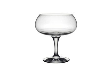 A photo of a clear, elegant glass with a wide, bowl-like top and a slender stem
