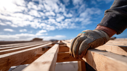 A close-up of a gloved hand gripping wooden beams under a vibrant sky, illustrating construction and craftsmanship.