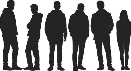 Silhouette of six people, diverse group, standing poses, isolated on white background, minimal style, unity, abstract, figures, shadow, concept, black and white, human shapes,