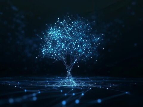 Abstract digital tree network connection growing on a dark background, symbolizes data