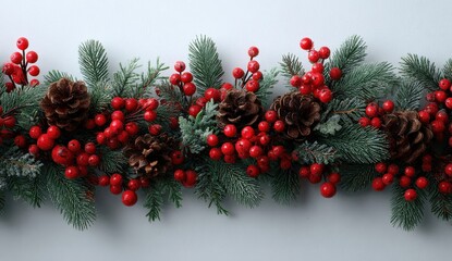 Festive garland decorated with red berries and pine cones creating a warm holiday atmosphere perfect for seasonal celebrations