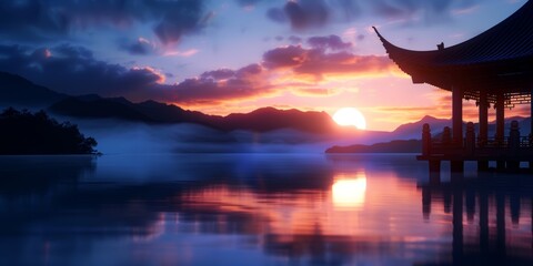 A tranquil sunset over a peaceful lake surrounded by mountains and traditional architecture in China