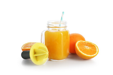 Tasty orange juice in mason jar, plastic juicer and fresh fruits isolated white