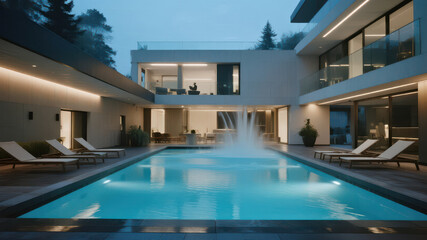 Fototapeta premium Modern Luxury Home with Illuminated Pool and Water Feature