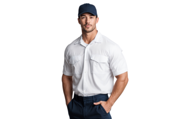 Confident sailor or boat captain in a crisp uniform with a cap, standing professionally