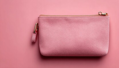 Soft pink background featuring a flat lay of a stylish and chic pink cosmetic bag perfect for beauty lovers and makeup enthusiasts