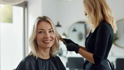 In lively salon, skilled stylist prepares eager client for exciting hair transformation, anticipating stunning change in this creative journey towards new stylish looks