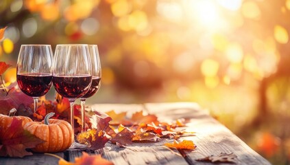 Autumnal Wine Tasting: Three glasses of red wine surrounded by pumpkins and colorful autumn leaves on a rustic wooden table, bathed in warm sunlight.
