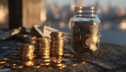 Concept of a retirement savings plan with growing stacks of coins and a jar filled with money. The image conveys financial planning and security for the future