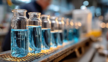 Close-up view of softly glowing liquid-filled glass test tubes showcasing scientific experimentation and vibrant colors creating an enchanting atmosphere within a laboratory setting