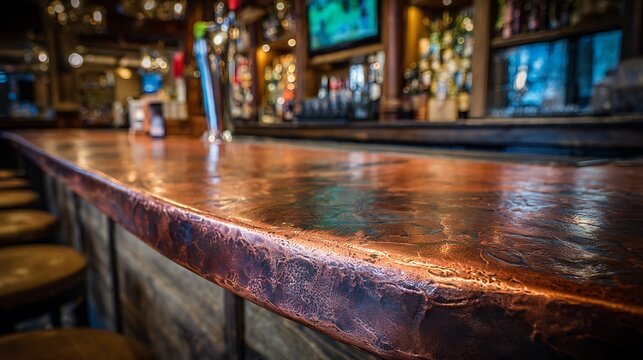 Rustic Copper Bar Top in Tavern, Close-up Texture
