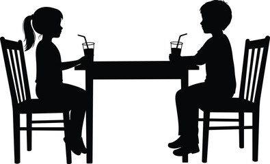 Silhouette of two children sitting at a table, drinking through straws, engaging in casual conversation, black and white illustration art