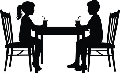 Silhouette of two children sitting at table, drinking from cups with straws, black and white, kids, friendship, conversation, snack time