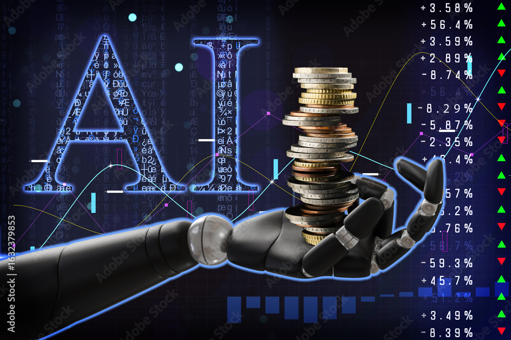 Aufkleber artificial intelligence in finance trading. poster with robot hand holding stacked coins against dat