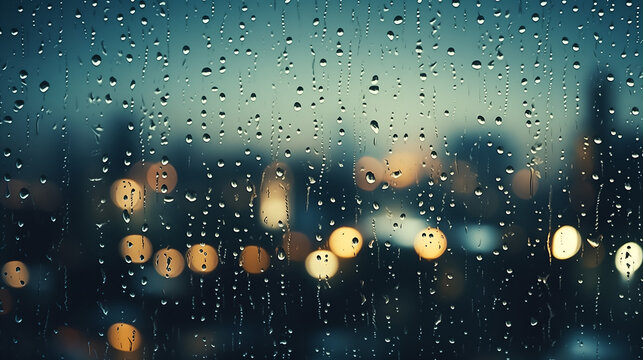 Rain or Dew Droplets on Glass Window with Blurred Background in New York City, Rain Droplets on Glass, Glass Surface Condensation, Blurred background through glass, moody rain window photo