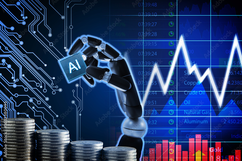 Poster artificial intelligence in finance trading. poster with robot hand holding ai chip, circuit board pa
