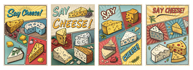 Obraz premium Set of four posters featuring cheese types in a vibrant comic book style with playful backgrounds