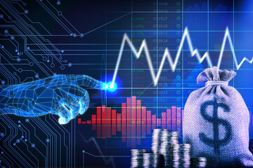 Artificial intelligence in finance trading. Poster with digital hand, graphs, data and money