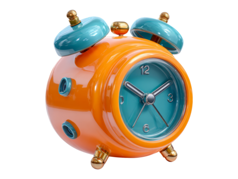 Vibrant Orange and Turquoise Alarm Clock on Transparent Background