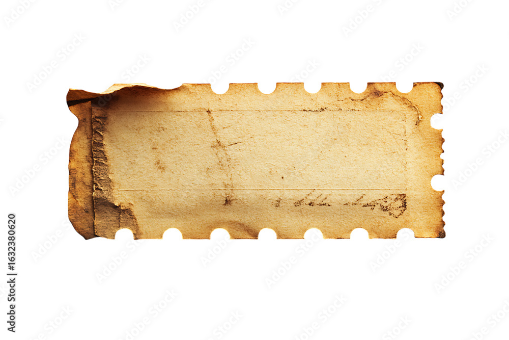 Poster aged and textured paper scrap with perforated edge and burn marks, isolated on white or trasparent p